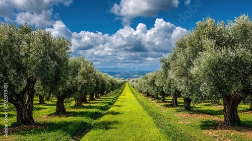 Serene Orchard Pathway with Lush Green Trees and Blue Sky.