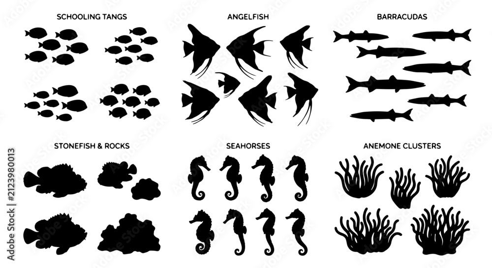 Fototapeta premium Marine Life Silhouettes: Schooling Fish, Angelfish, Barracudas, Seahorses, Anemone Clusters, Stonish & Rocks Vector Set