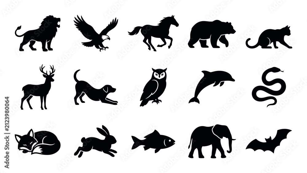 Obraz premium Wildlife and nature vector icons with lion, eagle and elephant for infographic design in silhouette style