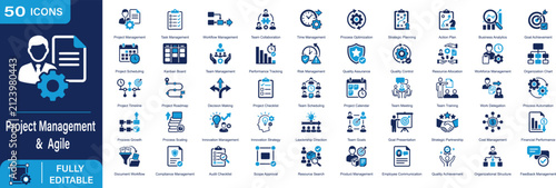 Project management and agile solid icon set. Team collaboration workflow process optimization strategic planning business analytics resource allocation check. Fully editable. Vector illustration