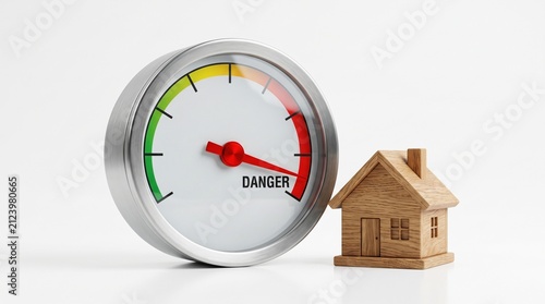  a gauge indicating danger. a miniature house placed next to it.