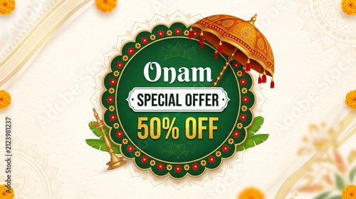 Onam special offer 50% off banner with traditional elements