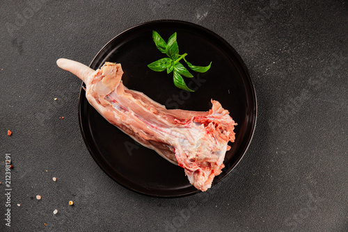Pork tail raw meat pig tail veal tail vegetable dish tasty snack fresh and delicious gourmet rustic food background on the table  rustic food top view copy space