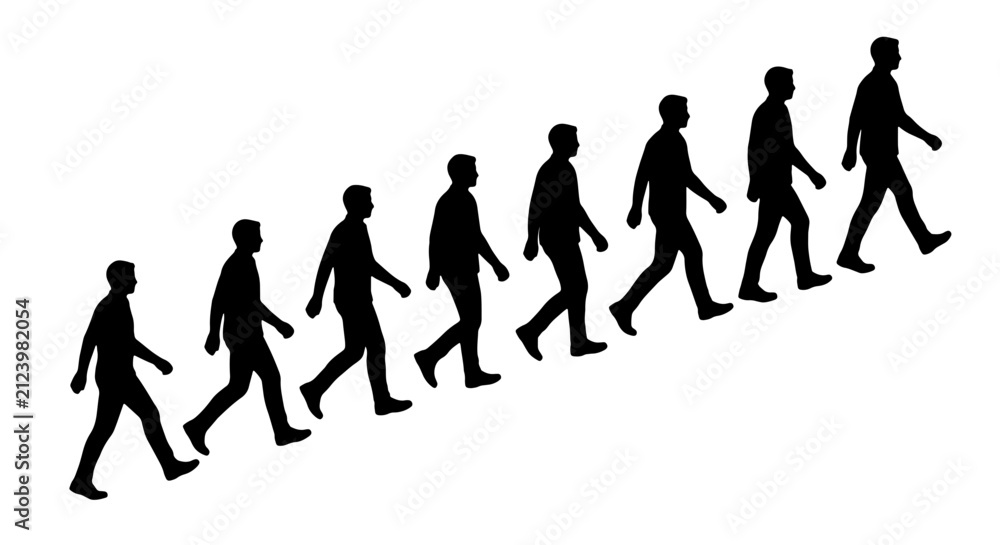 Obraz premium Silhouette Figures Walking Upward, Progression Vector Set, Human Movement Sequence, Business Growth Concept, Diverse People Silhouettes