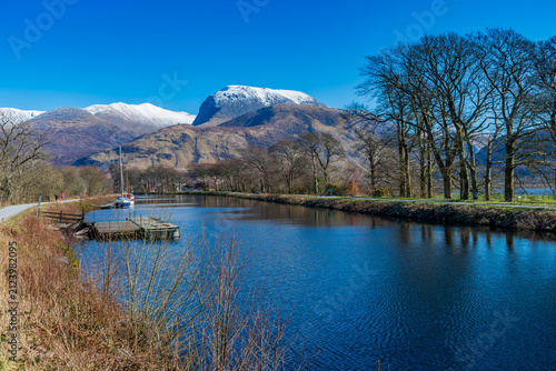 Принти на полотні Ben Nevis viewed from Caledonian Canal at Corpach, Lochaber, UK
