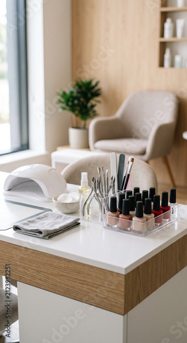 Compact manicure table with white nail lamp, polish bottles, metal instruments, towels, and tray. Clear indoor light shows the organized beauty service setup and realistic materials.