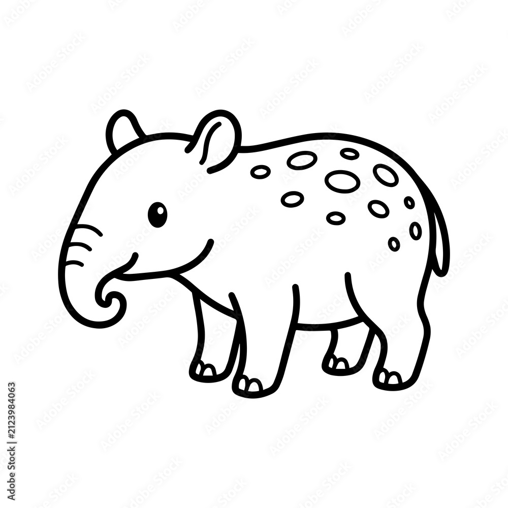 Fototapeta premium Cute cartoon baby tapir with spots on its back, black and white line isolated on a clean white background, for coloring