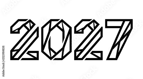 Geometric stylized text of the year 2027 with a modern black and white line art design