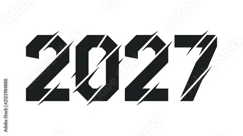 Bold black typography of the year 2027 with a stylish diagonal sliced effect on a white background