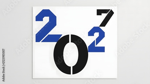 Abstract graphic representation of the number 2027 using bold blue and black stencil typography on white background