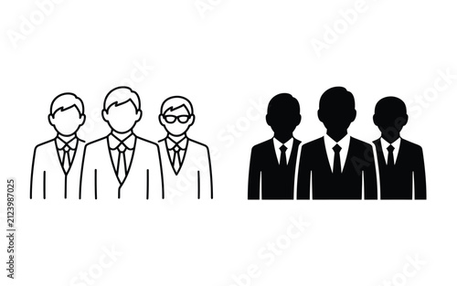 Business team with leader icon set in outline and solid silhouette, business