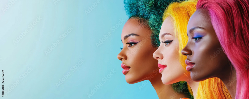 Fototapeta premium Trio of Women with Bold, Colorful Hairstyles Against Blue Background