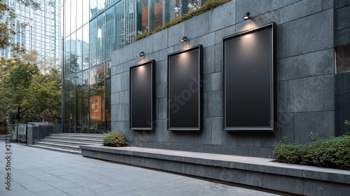Modern Outdoor Advertising Billboards on Urban Building Facade.