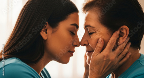 Close-up portrait of a young woman and an elderly mother sharing an emotional moment with their foreheads touching in a tender embrace of love.