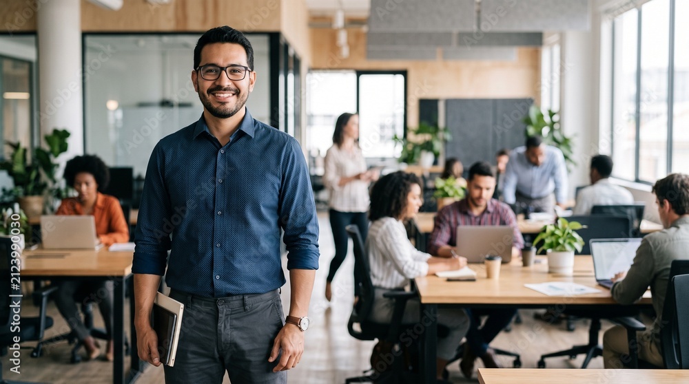 Fototapeta premium Man in blue shirt holding tablet in modern office with blurred colleagues