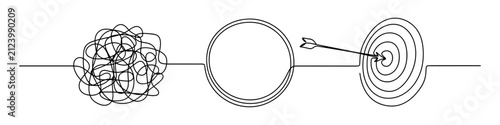 Quadro su tela Single line of chaos transforming into a target with an arrow on transparent bac
