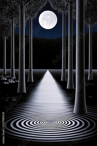  Surreal moonlit forest pathway with hypnotic ripples and towering trees: a luminous full moon sits high in the deep indigo sky, casting a sharp, converging beam of light that stretches down a symmetr