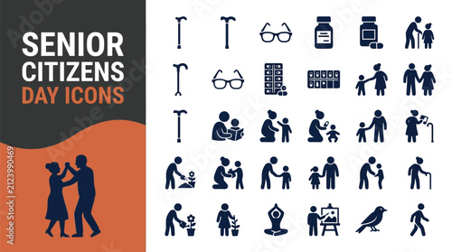 Senior citizens day vector icon set featuring lifestyle activity symbols