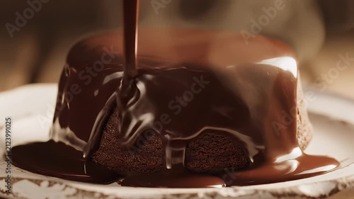 Chocolate lava cake with molten chocolate sauce pouring on top