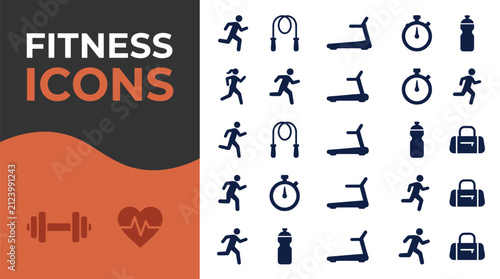 Fitness icons set featuring various gym equipment and active people