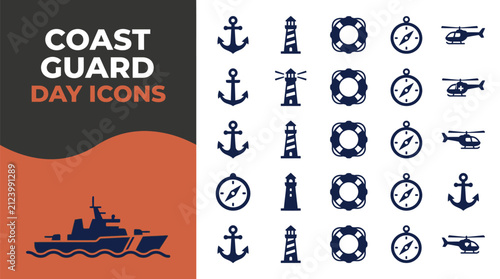 Coast guard vector icon set with nautical symbols for web design