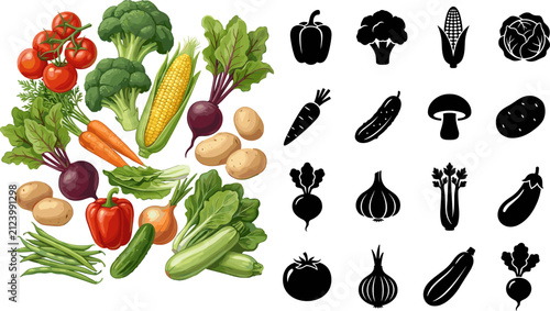 Fresh organic vegetable collection featuring colorful detailed harvest vector illustrations alongside matching black silhouette icons set for food design elements