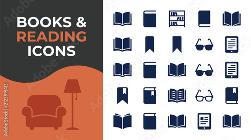 Minimalist vector graphic set showing various books and reading icons