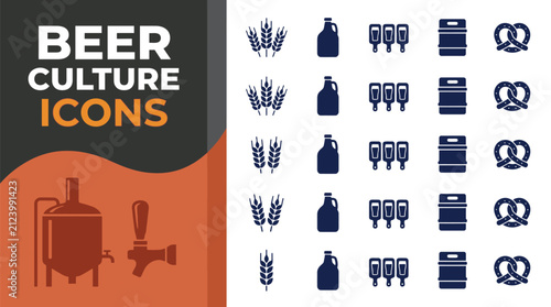 Beer culture vector icons featuring brewing equipment and snack symbols set