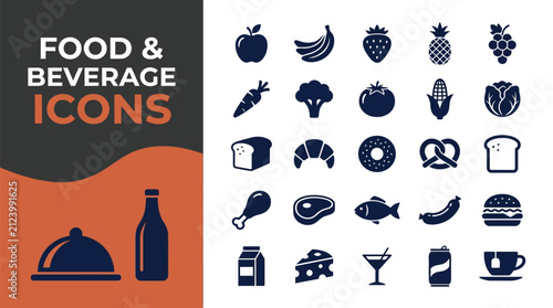 Modern food and beverage vector icon set for restaurant design