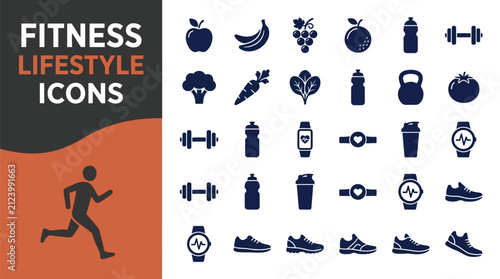 Fitness lifestyle icons featuring healthy food and gym equipment vector design