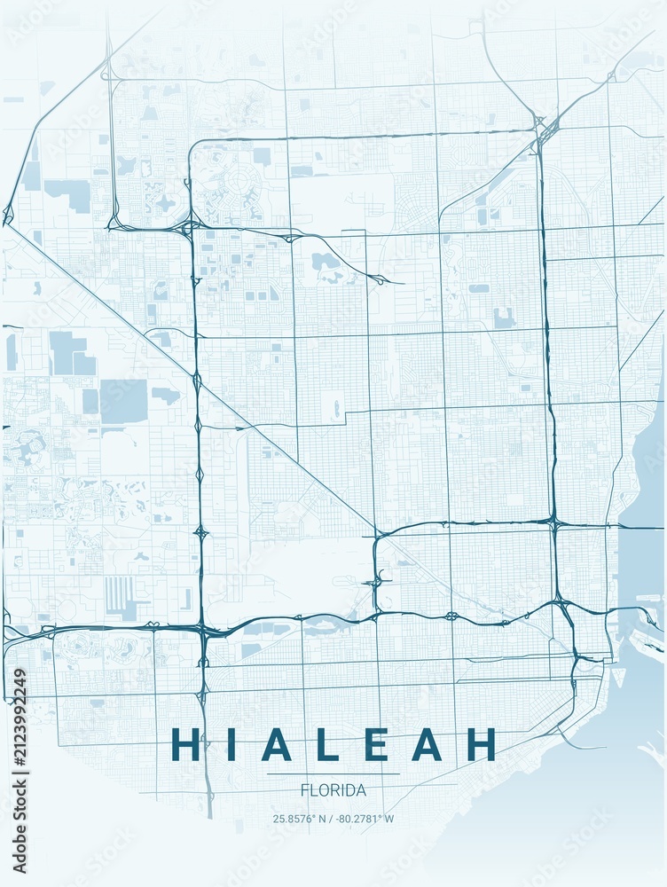 Obraz premium Modern Hialeah City Map Poster Design, Ocean Style Urban Street Grid Cartography