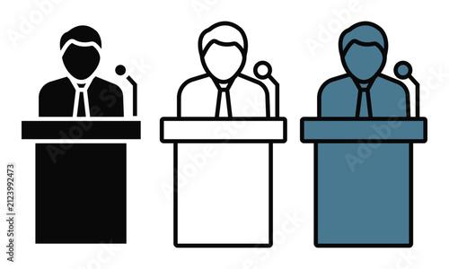 Of a person speaking at a podium with a microphone in black, outline, and blue