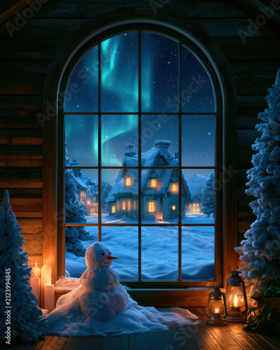 Snowman beside a window overlooking a magical snowy village at night
