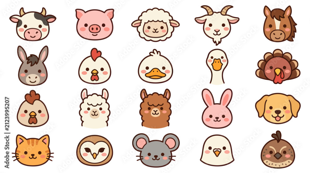 Fototapeta premium Cute farm animal faces collection