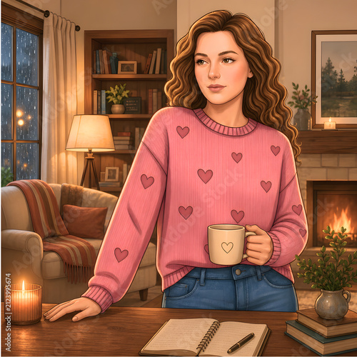 A girl in a pink sweater with hearts in a cozy living room next to the fireplace 