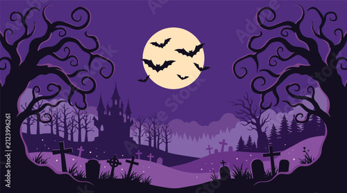Bild auf Leinwand Spooky halloween background vector illustration featuring a haunted castle silho