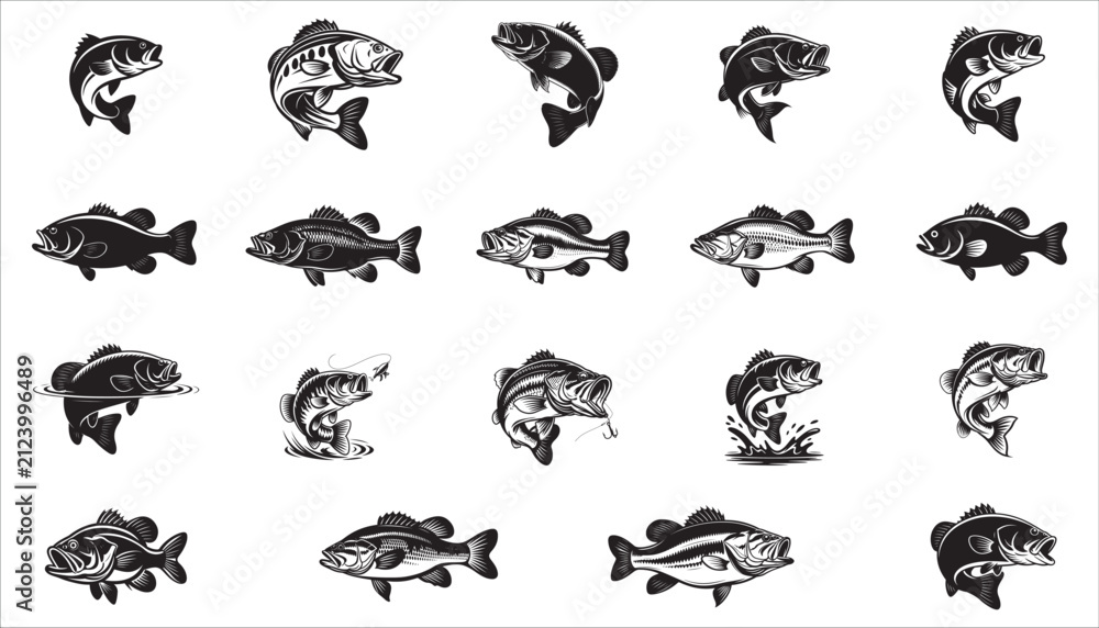 Fototapeta premium Bass fish silhouettes collection. Set of black vector icons for fishing and wildlife design.