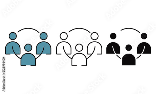Three stylized figures connected by curved lines representing communication or network in blue, outline, and black