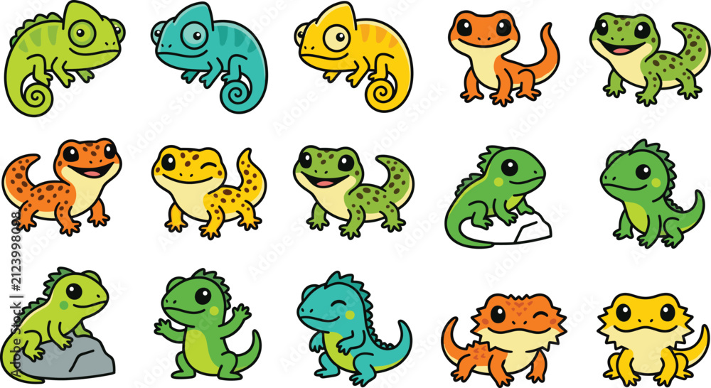 Fototapeta premium Cute Cartoon Lizard Mascot Icon Set with Kawaii Chameleon Gecko Iguana Bearded Dragon and Salamander Reptile Characters for Children Graphic Designs