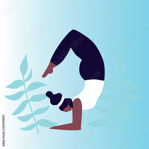 Art & Illustration Woman exercising yoga. Woman practicing asana. Relaxing environment. Concept of meditation. Cartoon flat style. Vector