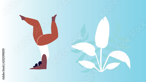 Art & Illustration Woman exercising yoga. Woman practicing asana. Relaxing environment. Concept of meditation. Cartoon flat style. Vector