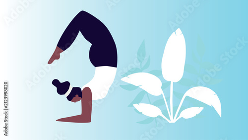 Art & Illustration Woman exercising yoga. Woman practicing asana. Relaxing environment. Concept of meditation. Cartoon flat style. Vector