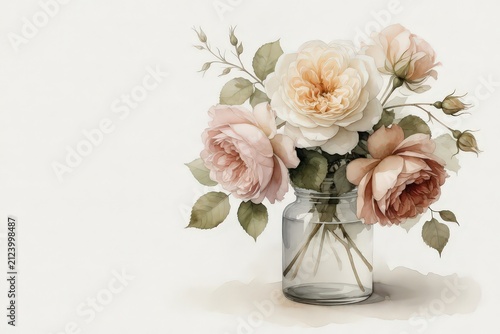 A watercolor painting displays soft pink and cream roses with green foliage in a clear glass jar against a white background.