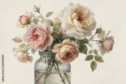 Soft pink and cream roses arranged in a clear glass bottle against a neutral background