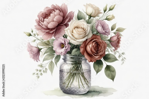 Watercolor illustration of a floral arrangement in a glass jar