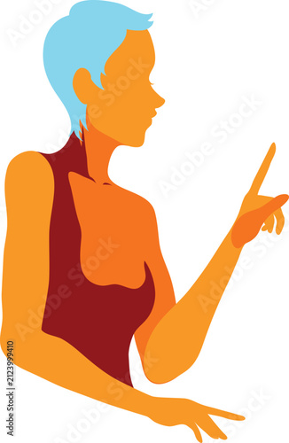 Modern Short Haired Woman Pointing Gesture Colorful Flat Vector Illustration