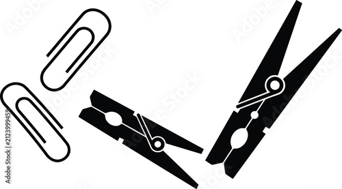 Obraz na plátně Black Clothespin and Paperclip Vector Icon Set with Fastener and Clamping Tools