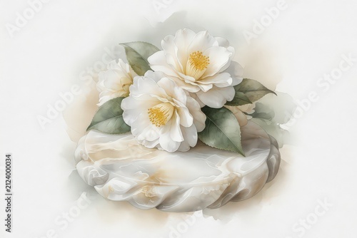 Beautiful white flowers with yellow centers rest on a glossy white shell background
