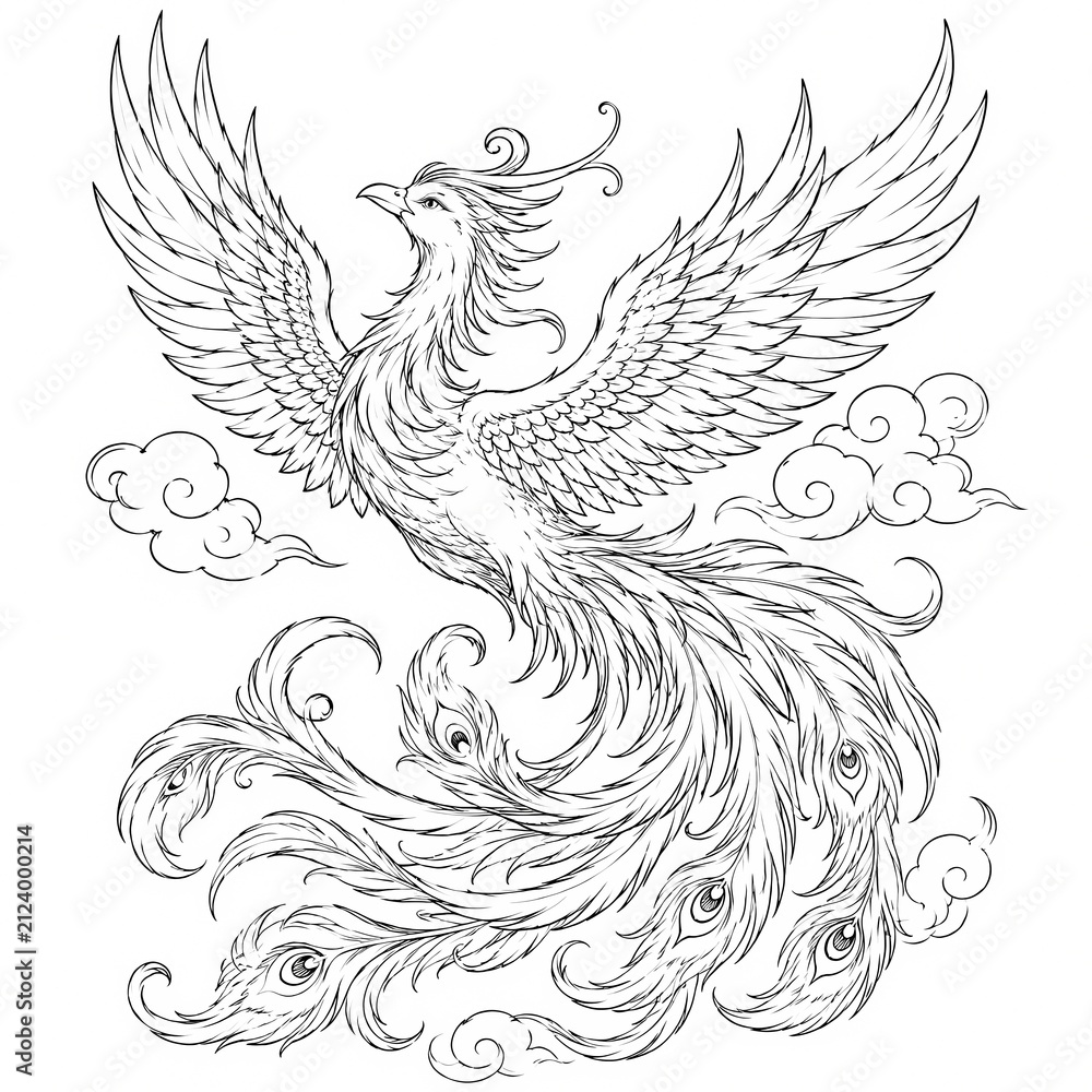 Fototapeta premium Majestic Phoenix Mythology Bird, Black and White Illustration