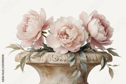 Soft pink peonies with green leaves bloom elegantly from an ornate stone urn against a pale background.
